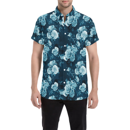 Rose Blue Pattern Print Design RO014 Men's Short Sleeve Button Up Shirt