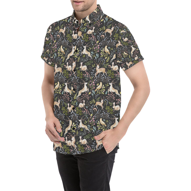 Deer Floral Jungle Men's Short Sleeve Button Up Shirt