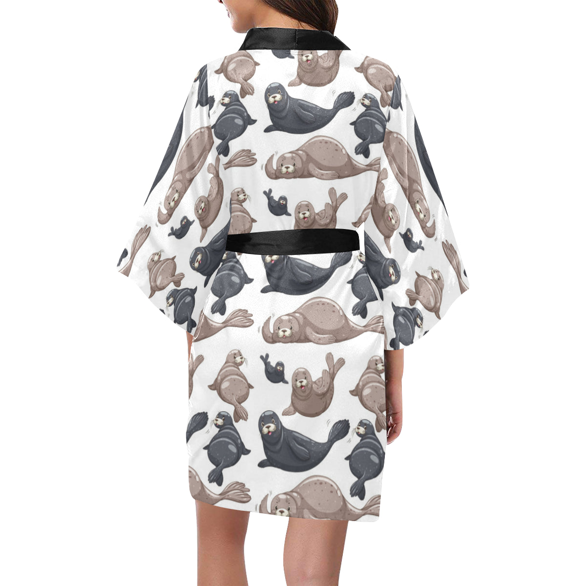 Sea Lion Pattern Print Design 02 Women's Short Kimono