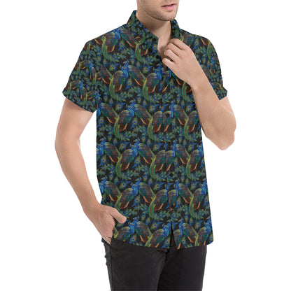 Peacock Themed Design Print Men's Short Sleeve Button Up Shirt