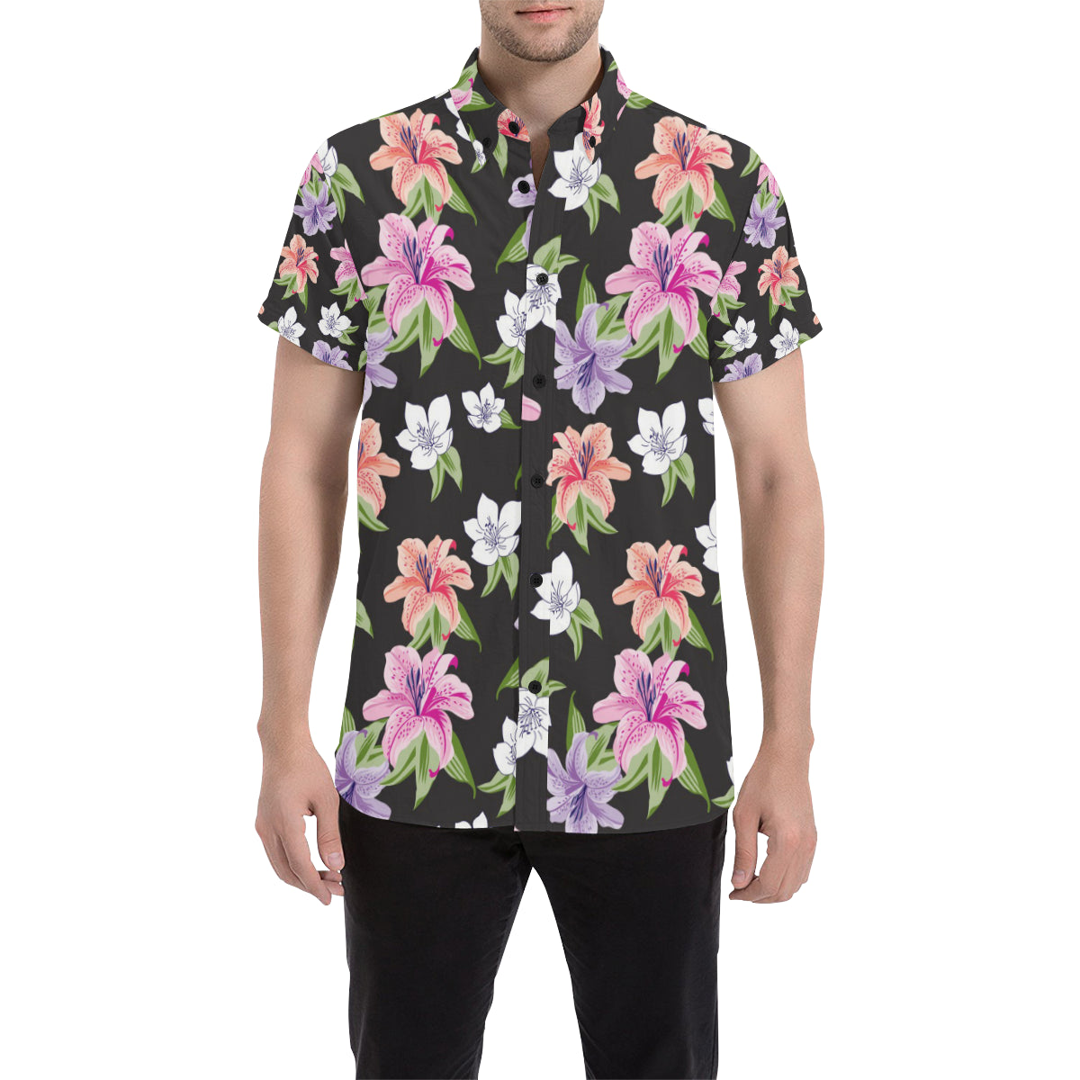 Lily Pattern Print Design LY02 Men's Short Sleeve Button Up Shirt
