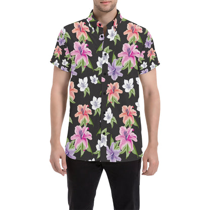 Lily Pattern Print Design LY02 Men's Short Sleeve Button Up Shirt