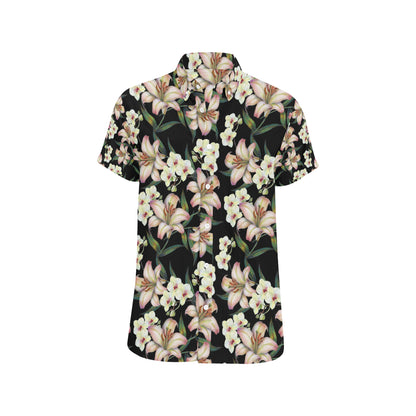 Lily Pattern Print Design LY03 Men's Short Sleeve Button Up Shirt