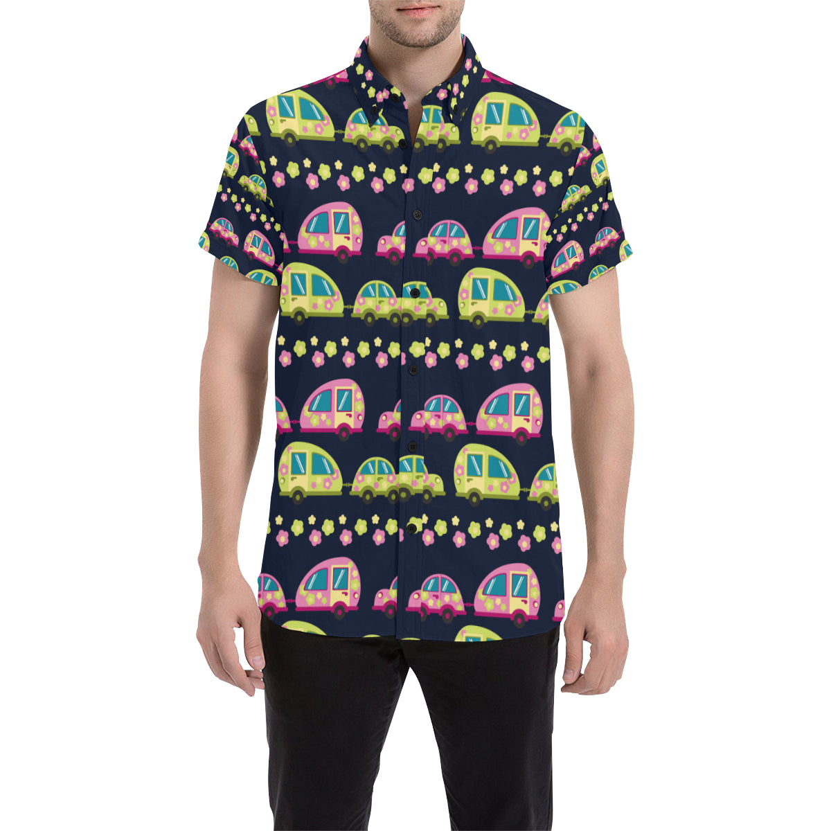 Camper Cute Camping Design No 3 Print Men's Short Sleeve Button Up Shirt