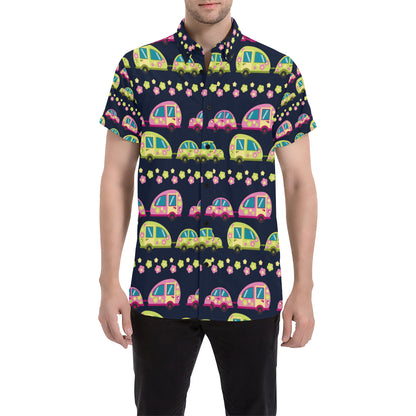 Camper Cute Camping Design No 3 Print Men's Short Sleeve Button Up Shirt
