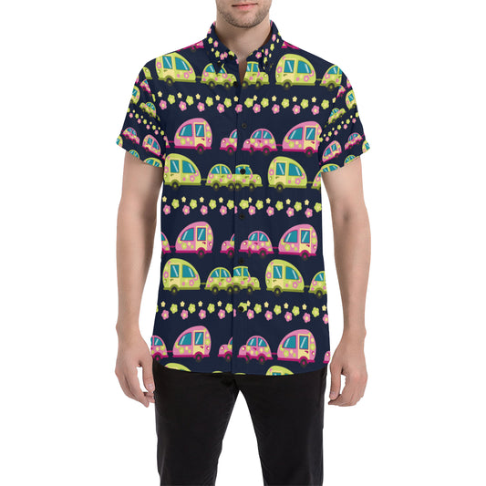 Camper Cute Camping Design No 3 Print Men's Short Sleeve Button Up Shirt