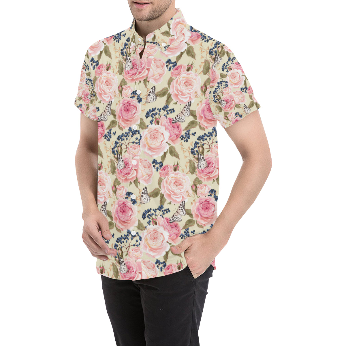 Floral Pink Butterfly Print Men's Short Sleeve Button Up Shirt