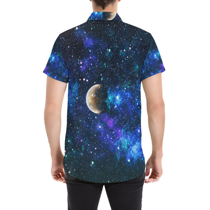 Galaxy Stardust Planet Space Print Men's Short Sleeve Button Up Shirt