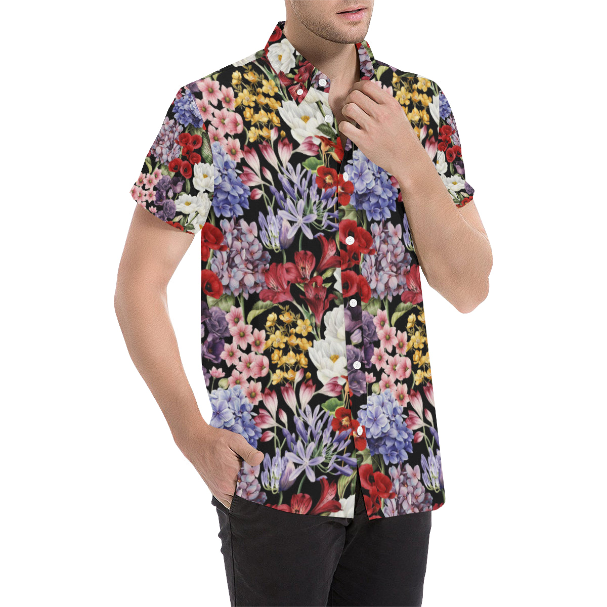 Summer Floral Pattern Print Design SF04 Men's Short Sleeve Button Up Shirt