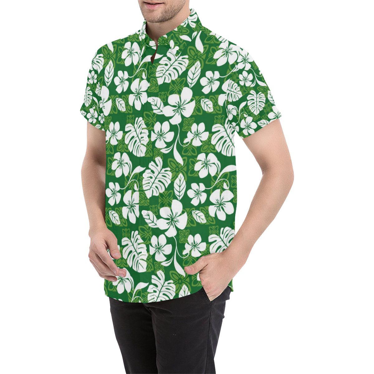 Hawaiian Themed Pattern Print Design H016 Men's Short Sleeve Button Up Shirt