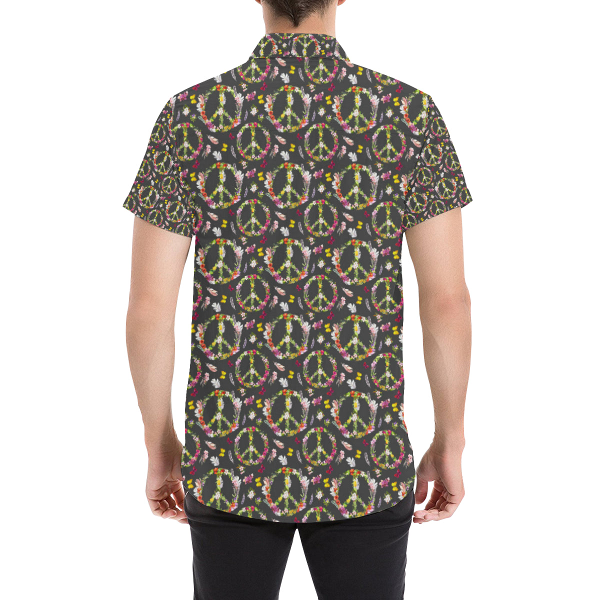 Peace Sign flowers Design Print Men's Short Sleeve Button Up Shirt