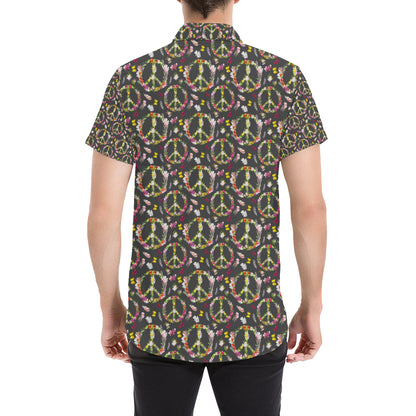 Peace Sign flowers Design Print Men's Short Sleeve Button Up Shirt