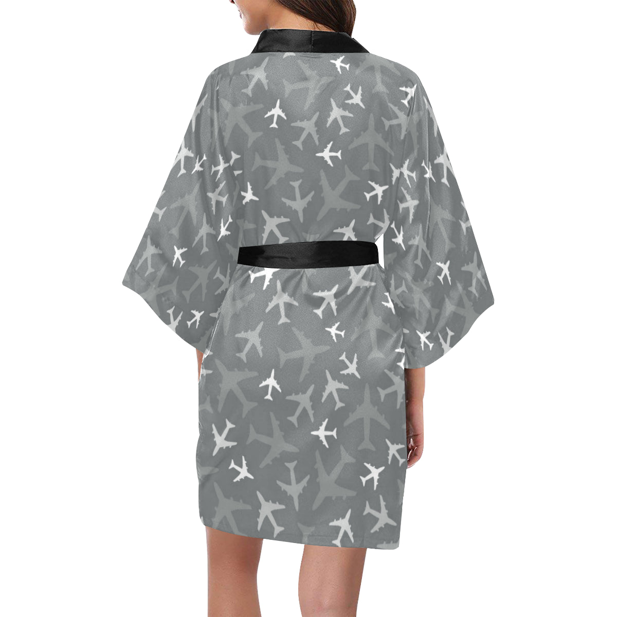 Airplane Pattern Print Design 02 Women's Short Kimono
