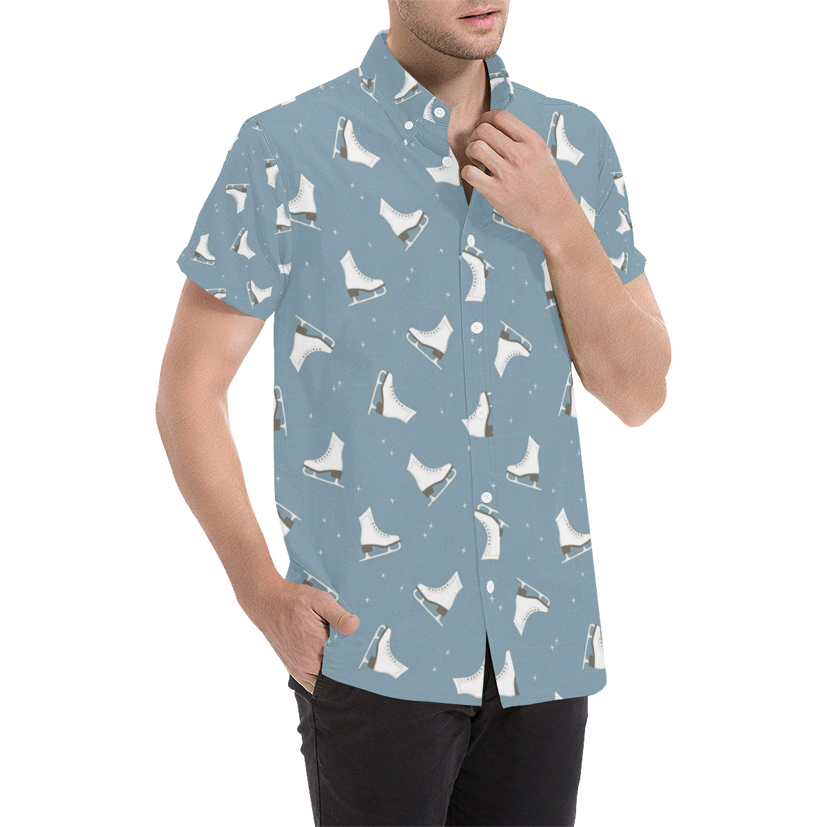 Ice Skate Pattern Print Design 02 Men's Short Sleeve Button Up Shirt
