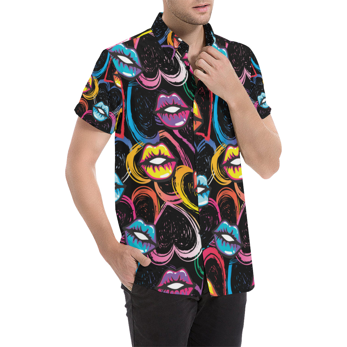 Pop Art Lip Pattern Print Design A03 Men's Short Sleeve Button Up Shirt