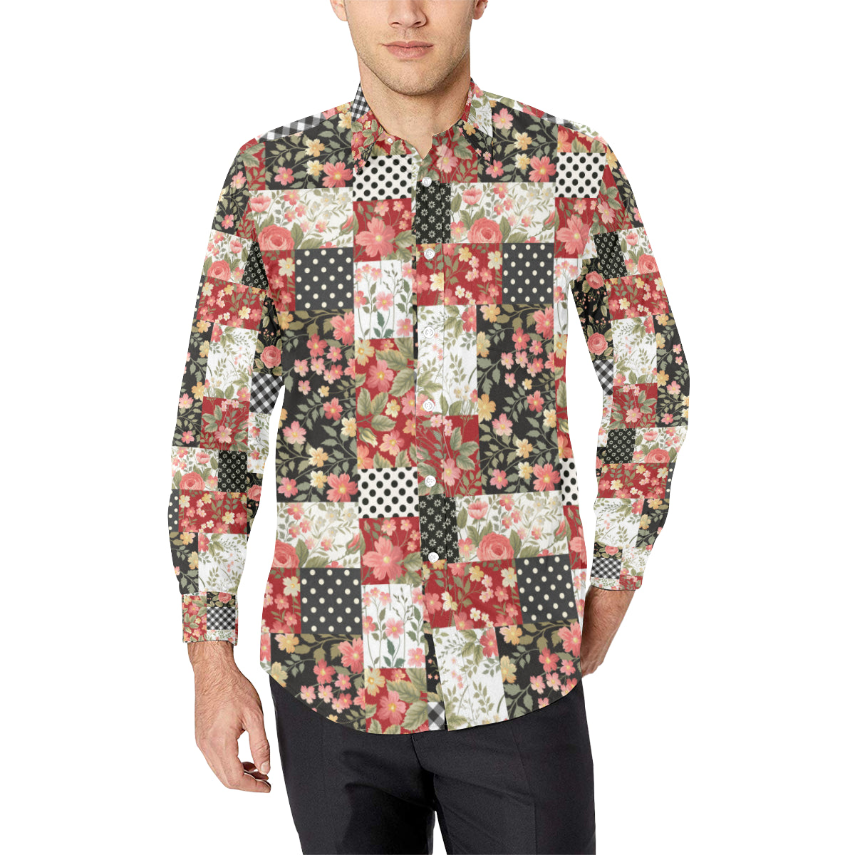 Patchwork Flower Pattern Print Design 03 Men's Long Sleeve Shirt
