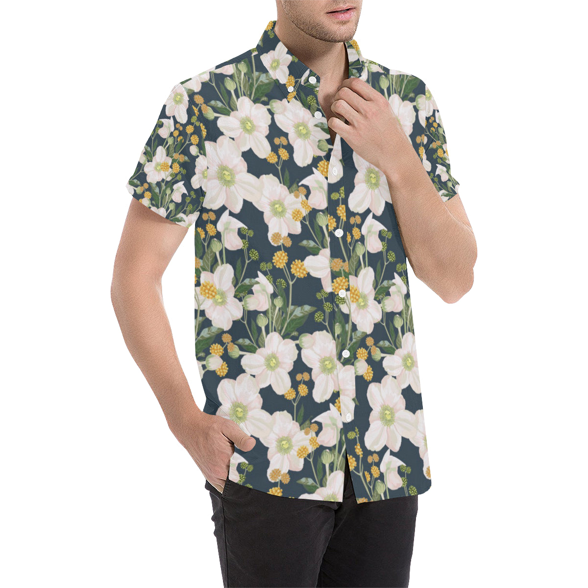 Anemone Pattern Print Design AM04 Men's Short Sleeve Button Up Shirt