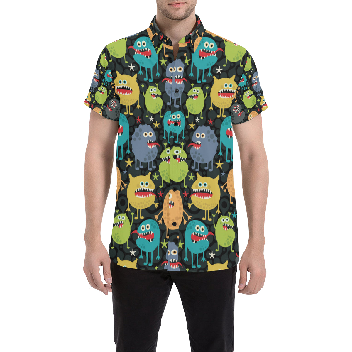 Monster Pattern Print Design 01 Men's Short Sleeve Button Up Shirt