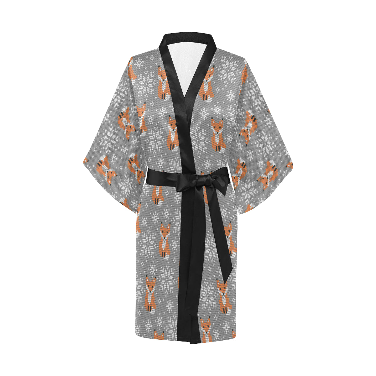 Knit Red Fox Pattern Print Design 02 Women's Short Kimono