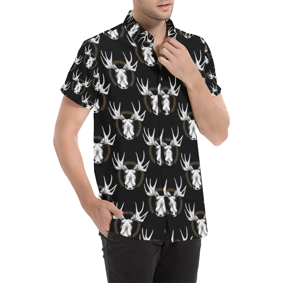 Moose Pattern Print Design 02 Men's Short Sleeve Button Up Shirt