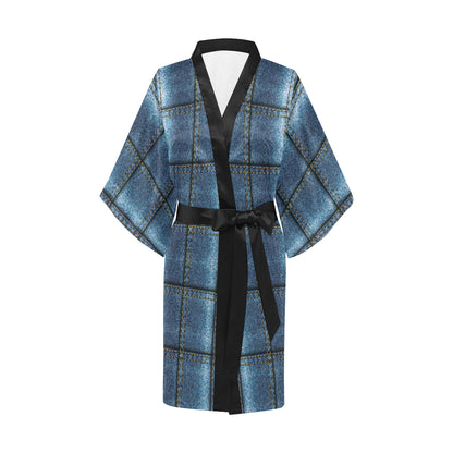 Jean Patchwork Pattern Print Design 02 Women's Short Kimono
