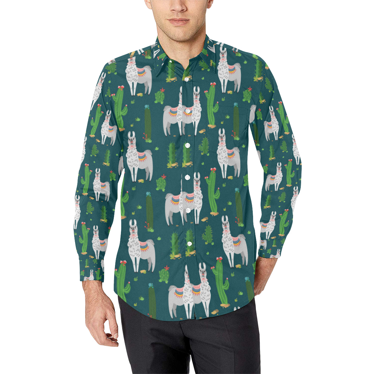 Llama Cactus Pattern Print Design 013 Men's Long Sleeve Shirt