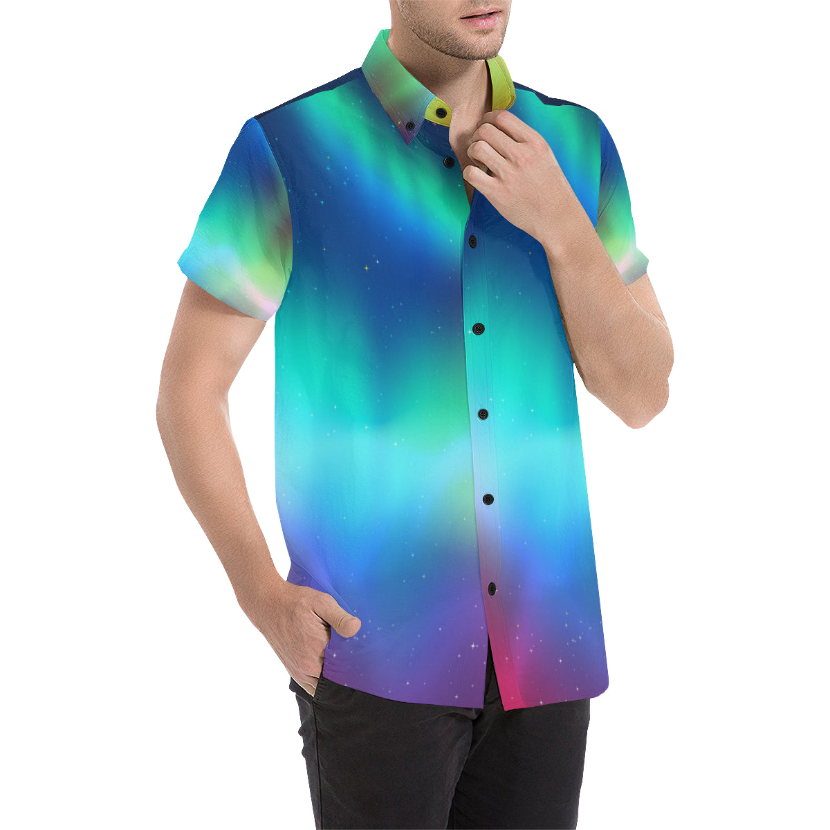 Aurora Borealis Pattern Print Design 02 Men's Short Sleeve Button Up Shirt