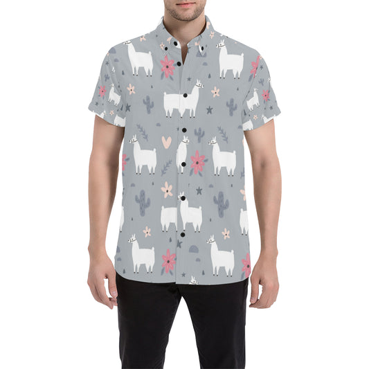 Llama Pattern Print Design 010 Men's Short Sleeve Button Up Shirt