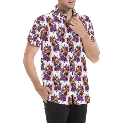 Chihuahua Purple Floral Men's Short Sleeve Button Up Shirt