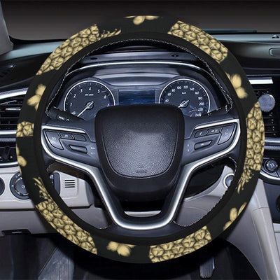 Gold Pineapple Hibiscus Steering Wheel Cover with Elastic Edge