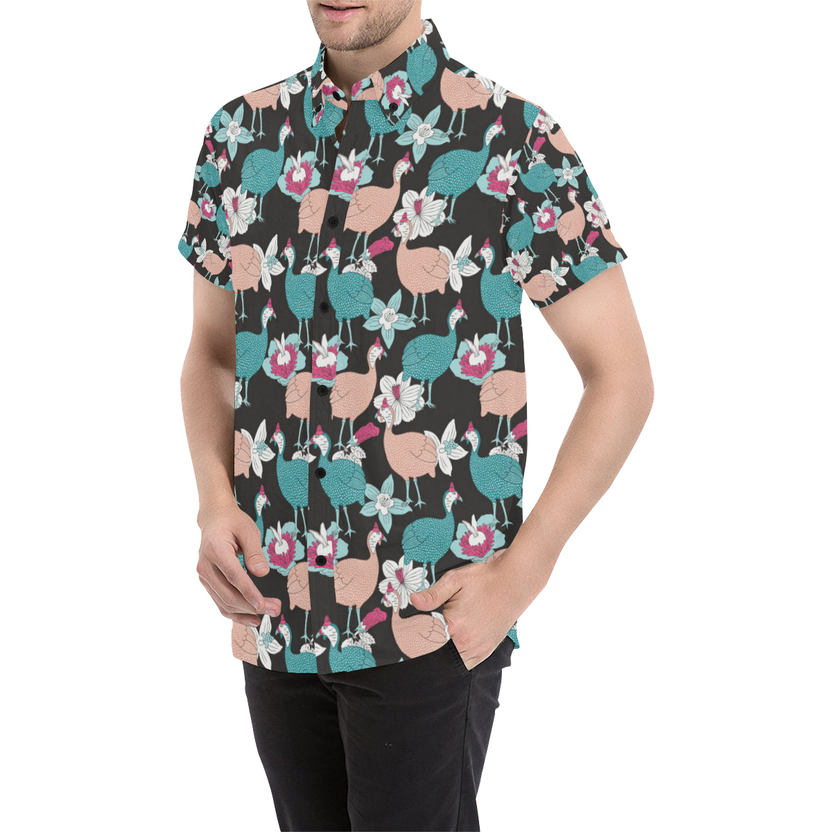 Guinea Fowl Pattern Print Design 03 Men's Short Sleeve Button Up Shirt