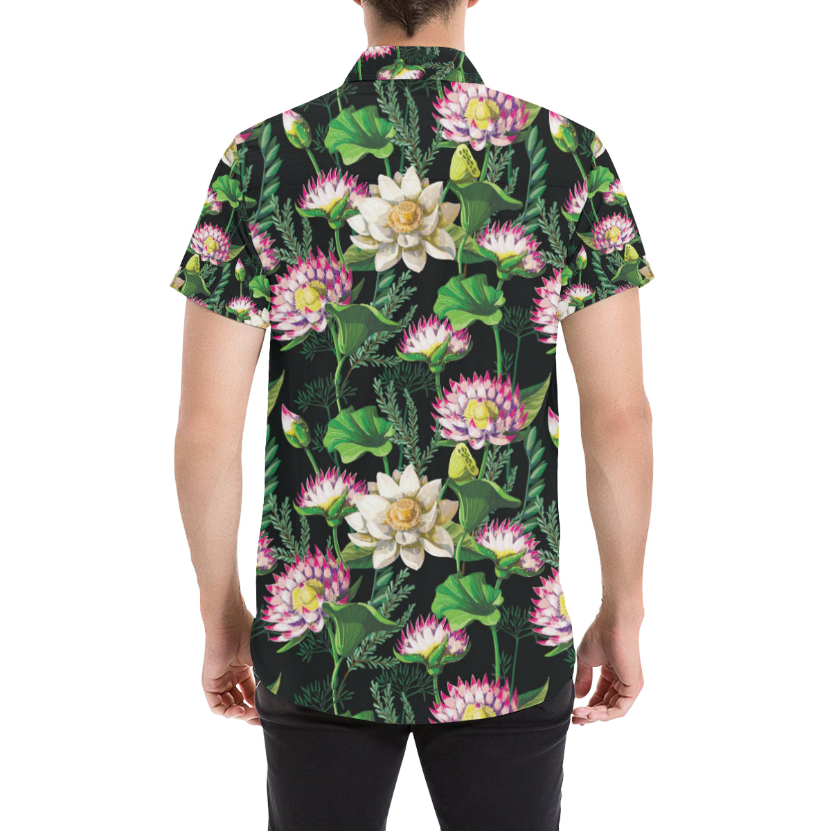 Water Lily Pattern Print Design WL010 Men's Short Sleeve Button Up Shirt
