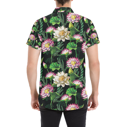 Water Lily Pattern Print Design WL010 Men's Short Sleeve Button Up Shirt