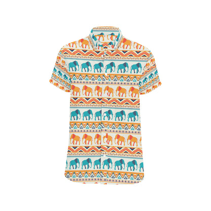 Elephant Aztec Ethnic Print Pattern Men's Short Sleeve Button Up Shirt