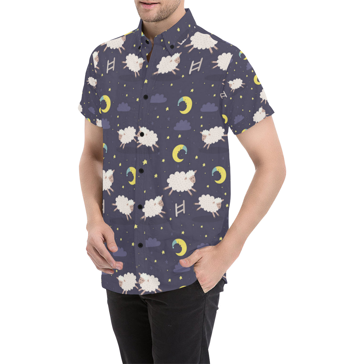 Sheep Night Pattern Print Design 02 Men's Short Sleeve Button Up Shirt