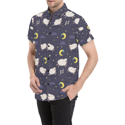 Sheep Night Pattern Print Design 02 Men's Short Sleeve Button Up Shirt
