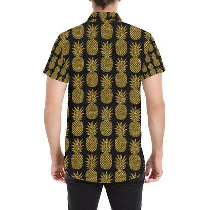 Gold Pineapple Pattern Print Design PP011 Men's Short Sleeve Button Up Shirt