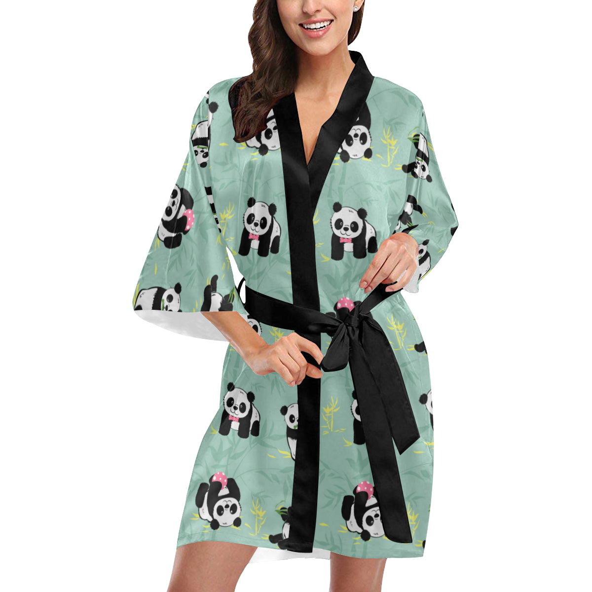 Panda Pattern Print Design A05 Women's Short Kimono
