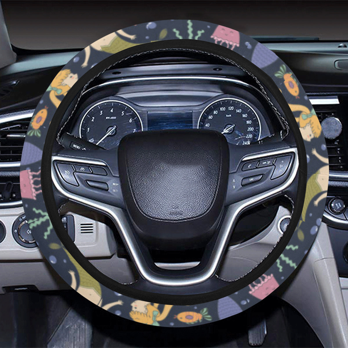 Mermaid Cartoon Pattern Print Design 03 Steering Wheel Cover with Elastic Edge