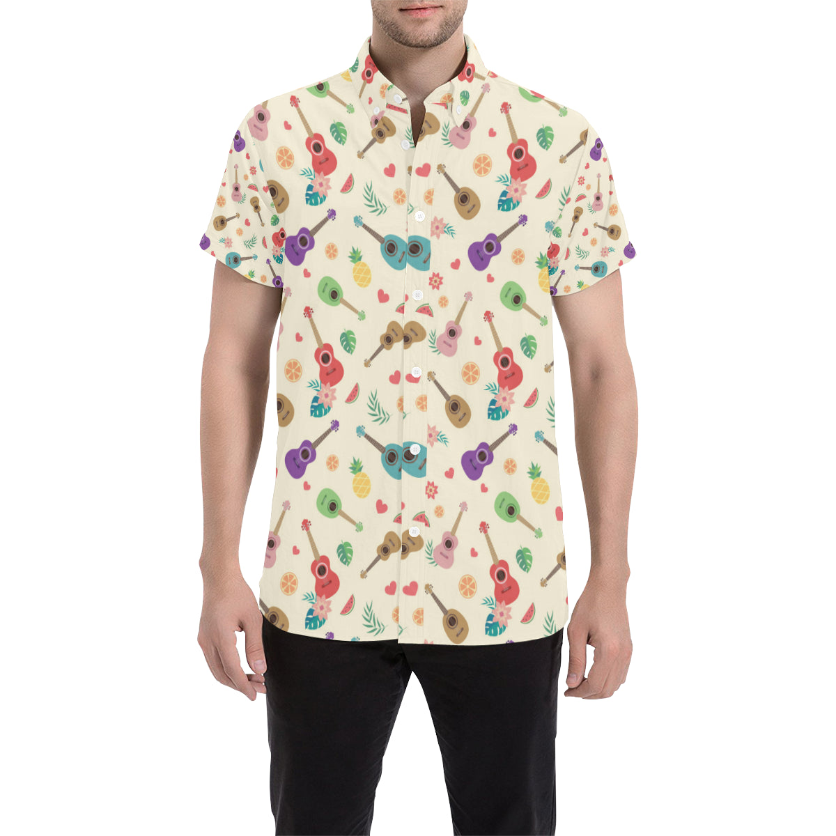 Ukulele Pattern Print Design 01 Men's Short Sleeve Button Up Shirt