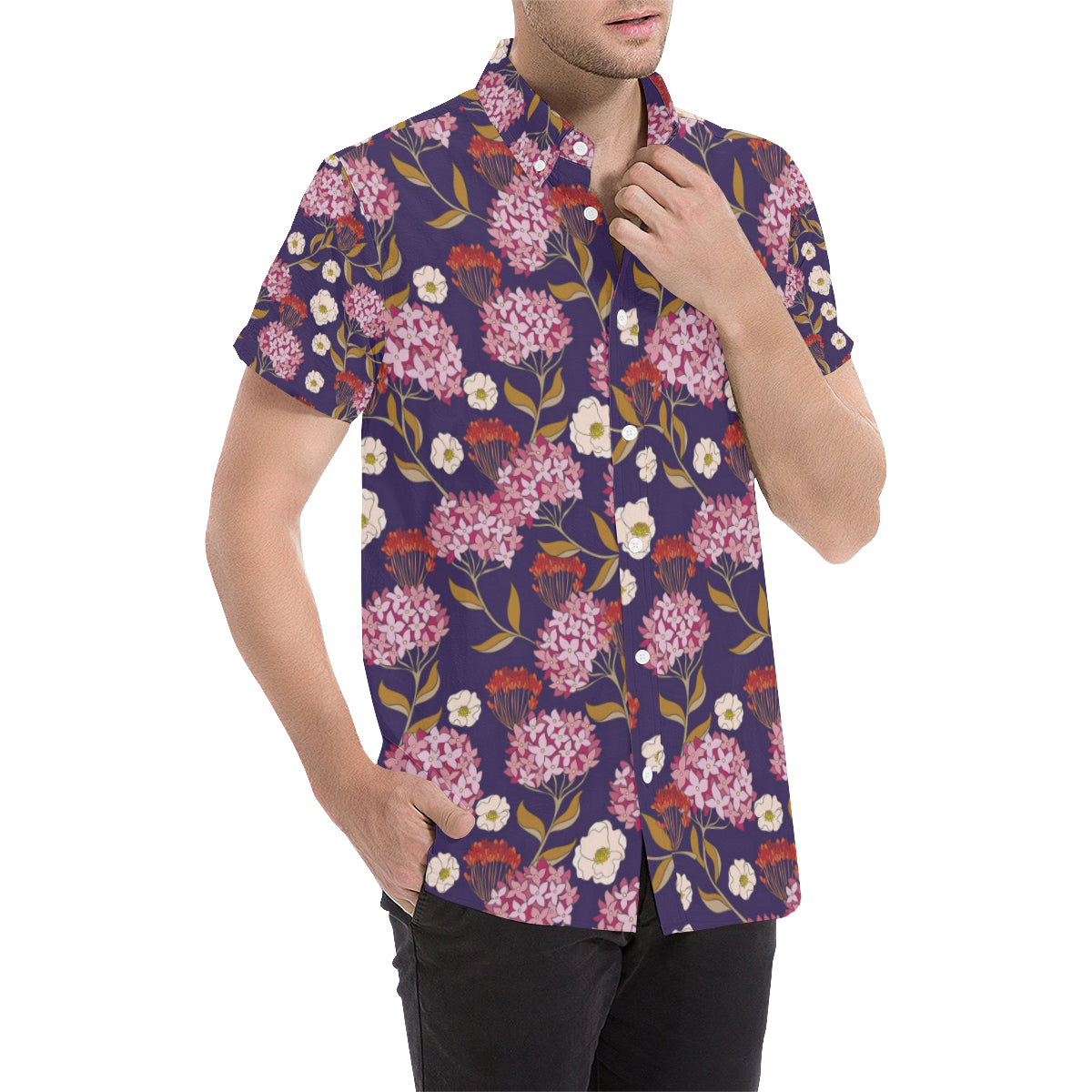 Hydrangea Pattern Print Design HD010 Men's Short Sleeve Button Up Shirt