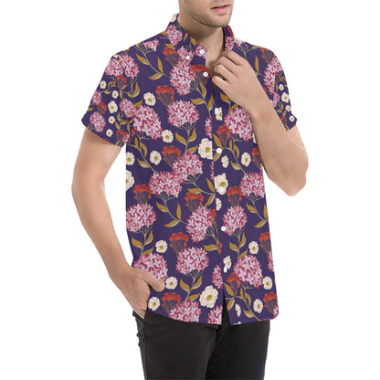 Hydrangea Pattern Print Design HD010 Men's Short Sleeve Button Up Shirt