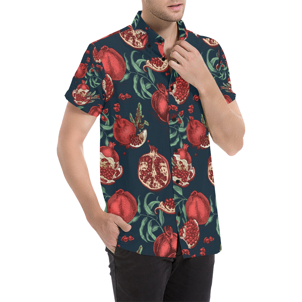 Pomegranate Pattern Print Design PG04 Men's Short Sleeve Button Up Shirt