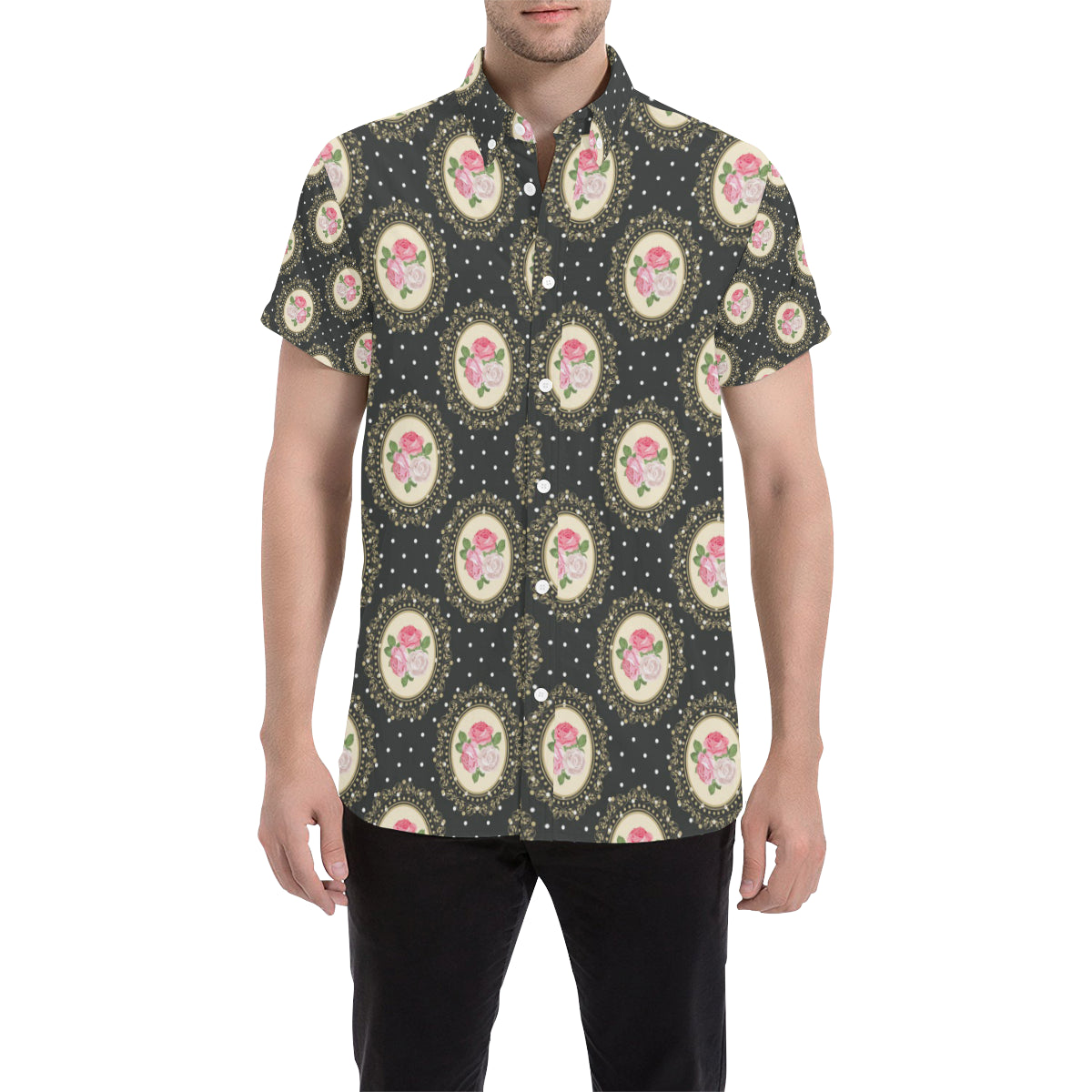 Rose Pattern Print Design RO015 Men's Short Sleeve Button Up Shirt