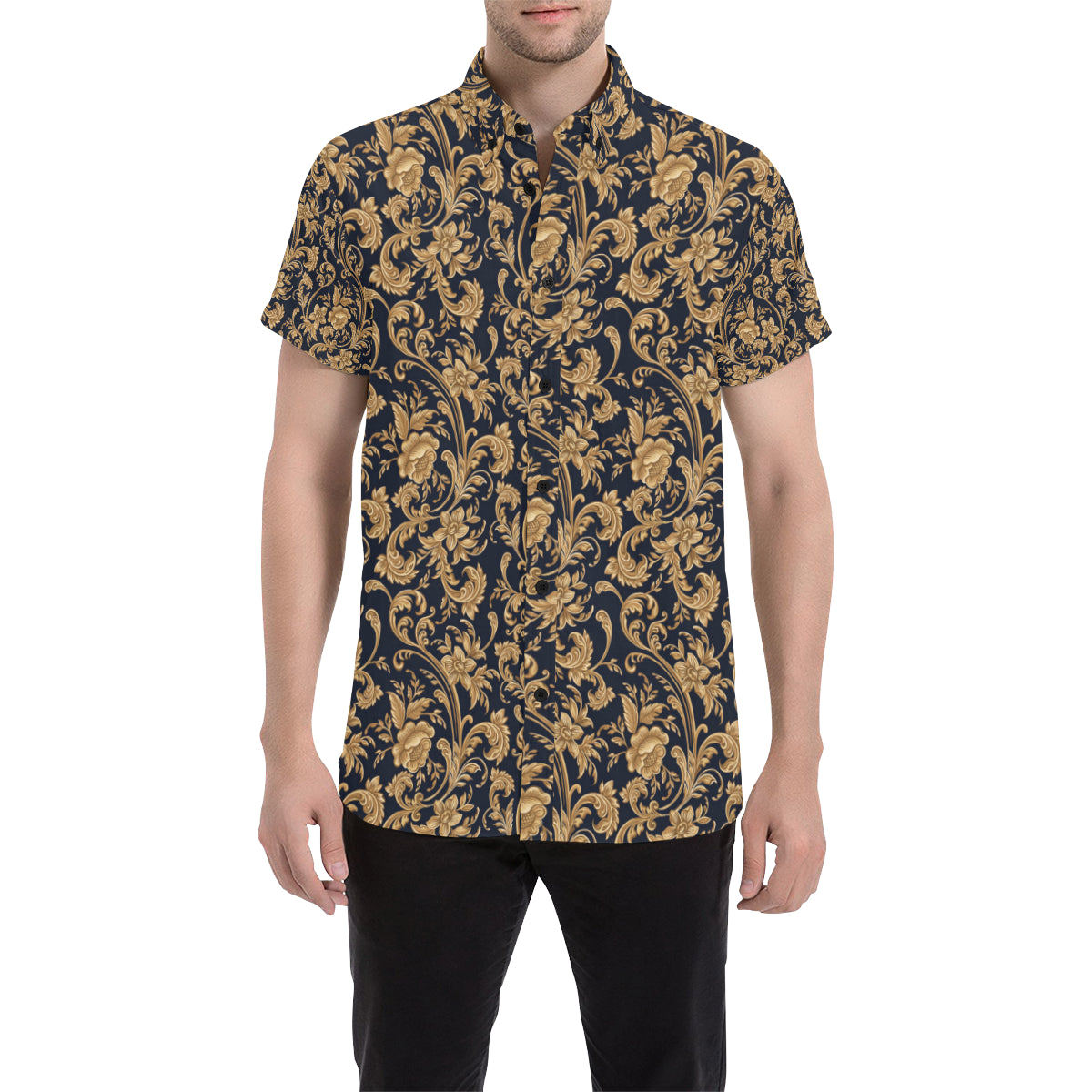 Baroque Golden Pattern Print Design 03 Men's Short Sleeve Button Up Shirt