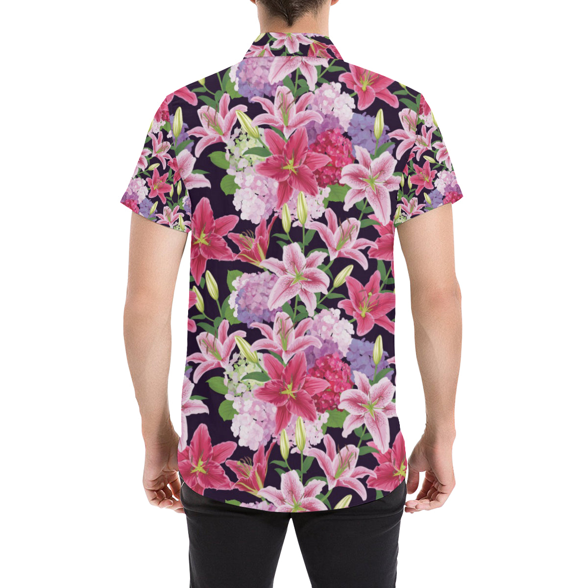 Lily Pattern Print Design LY017 Men's Short Sleeve Button Up Shirt