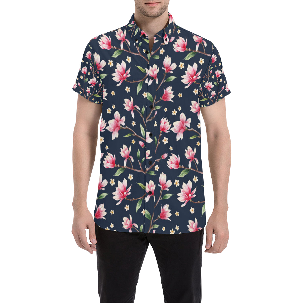 Magnolia Pattern Print Design MAG09 Men's Short Sleeve Button Up Shirt