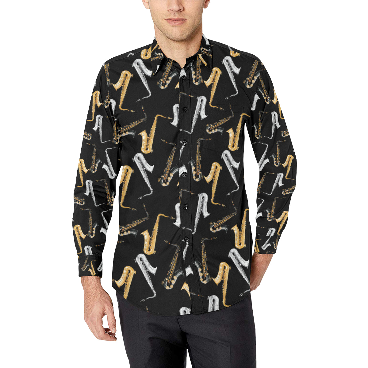 Saxophone Pattern Print Design 01 Men's Long Sleeve Shirt