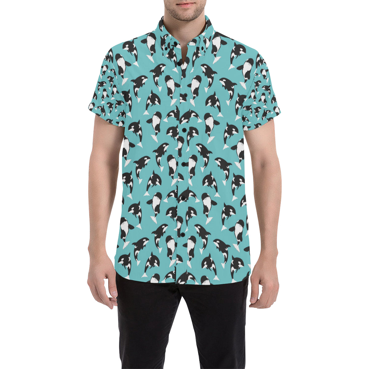 Whale Action Design Themed Print Men's Short Sleeve Button Up Shirt