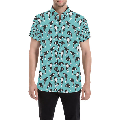 Whale Action Design Themed Print Men's Short Sleeve Button Up Shirt